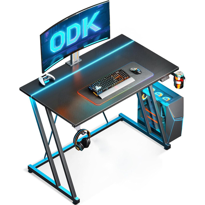 Ігровий стіл ODK 80 x 50 см зі світлодіодним підсвічуванням, ігровий стіл з підставкою для чашок та гачком для навушників, дизайн з подвійною Z-подібною рамою, невеликий комп&39ютерний стіл, чорний колір з вуглецевого волокна, 80 см, чорний колір з вуглец