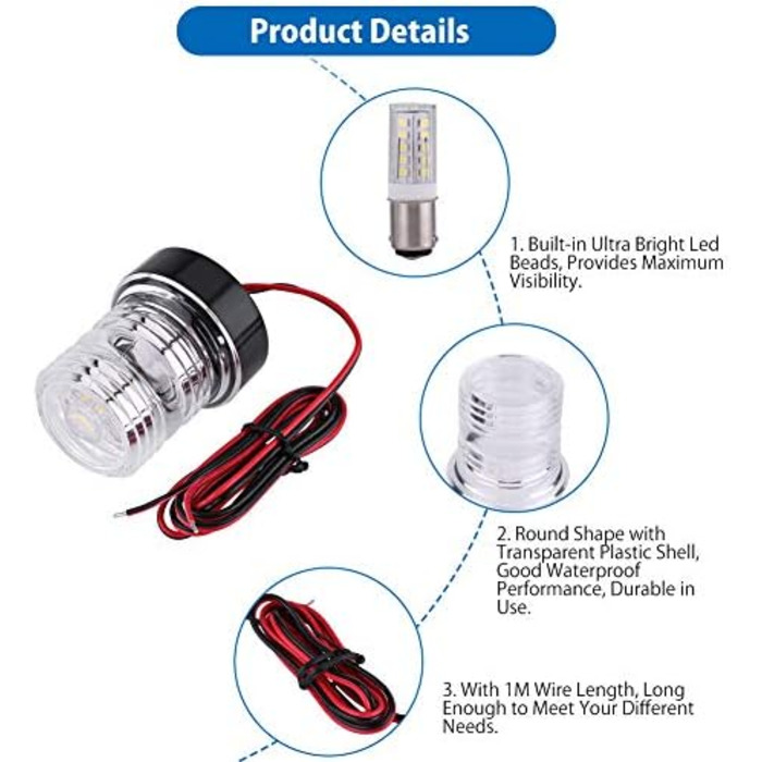 Морський якірний ліхтар Keenso, 12 В 360 білий світлодіодний якірний ліхтар водонепроникний човен Світлодіодний навігаційний ліхтар верхнє світло для всіх човнів до 12 м