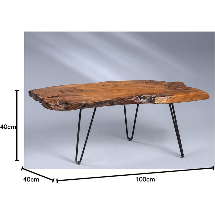 Журнальний столик Tallus колекції M2 масив тика, 100 x 40 x 40 см Натуральна обробка Чорні металеві ніжки Унікальний виріб, коричнево-коричневий Tallus