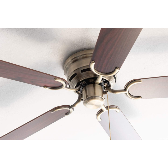 Стельовий вентилятор Kisa без підсвічування Вентилятор із тяговим перемикачем із старовинної латуні з реверсивними лопатями з рожевого та горіхового дерева, діаметр 105 см. (Колір латунь, палісандр/горіх)