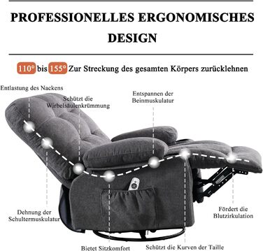 Крісло Bosmiller з функцією відкидання, масажне крісло, велике крісло для телевізора, поворотне на 360, підігрів, регульоване, тканинне крісло, сірий колір