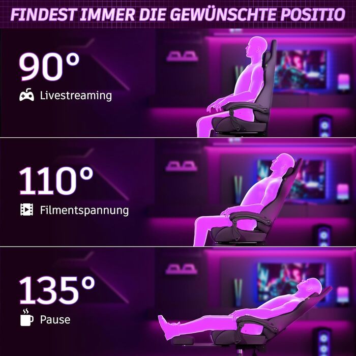 Ігрове крісло Soontrans з функцією масажу KJ433 Ігрове крісло з підставкою для ніг та підголівником Спинка ігрового крісла відкидається до 135 Вантажопідйомність 150 кг (сіро-фіолетове)