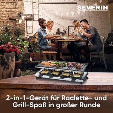 Гриль SEVERIN Raclette, раклет з великою антипригарною пластиною для гриля та 8 сковородами для раклету, настільний гриль до 8 осіб, потужність 1 700 Вт, нержавіюча сталь чорна, RG 2375