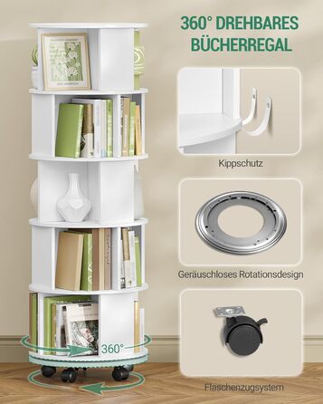 Книжкова полиця Hzuaneri, поворотна на 360, 5-рівнева вертикальна полиця для зберігання, сучасна окремостояча полиця, декоративна полиця на колесах, для вітальні, кабінету, офісу, 45 x 45 x 161,5 см, біла BC54003X