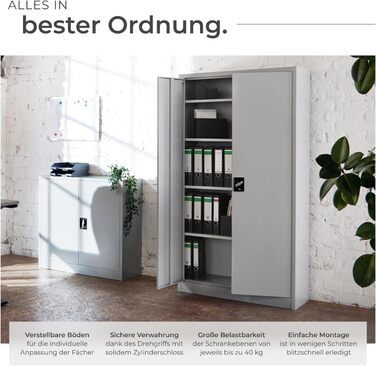 Картотечна шафа tectake, офісна шафа, що замикається, багатоцільова сталева шафа, універсальна шафа з 2 дверима, включаючи 3 полиці з регульованою висотою, картотечна шафа, що замикається, 180x80x40 см - сіра