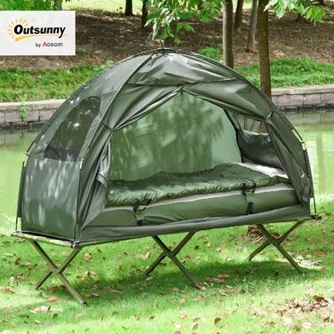 Розкладне ліжко Outsunny SoBuy з наметом, висувний намет з повітряним насосом, матрац, сумка для перенесення, спальний мішок, водонепроникне ліжко для кемпінгу, надзвичайно широкий шезлонг для кемпінгу на відкритому повітрі, темно-зелений, 193x86x160 см, 