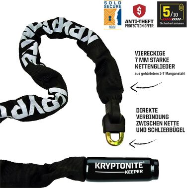 Інтегрований ланцюговий замок Kryptonite Keeper 785 - 85 см, клас безпеки 5/10, протиугінний велосипедний замок, зі сталевим ланцюгом 7 мм та 2 ключами - чорний