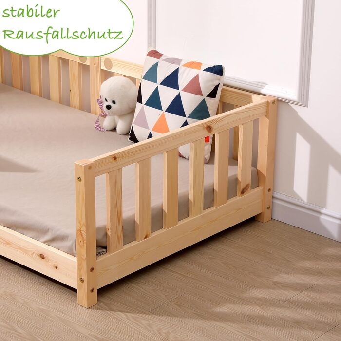 Дитяче ліжко ecomi 80x160 із захистом від падіння, Ліжко на підлозі, Рейкова основа для дітей, Дитячі ліжка для дівчаток та хлопчиків, Масив сосни з натуральним покриттям, 80 x 160 см