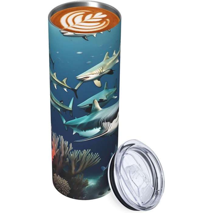 Кружка з прямою трубочкою, дизайн акули під водою, принт, підходить для кемпінгу, офісу та дому, 590 мл