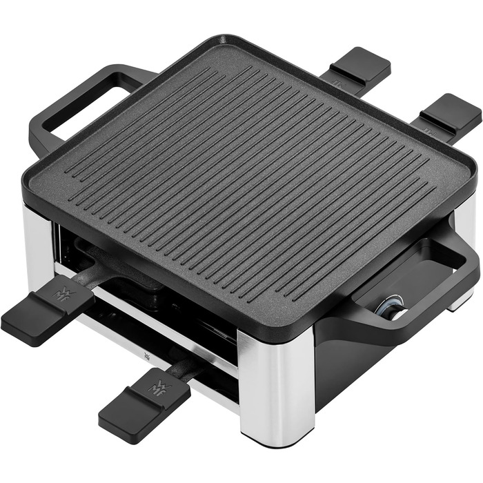 Раклет гриль зі сковородами та слайдерами, раклет 4 персони, 870 Вт, нержавіюча сталь матова