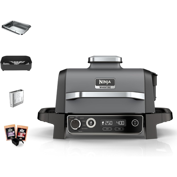 Електричне барбекю Ninja Woodfire, кемпінговий барбекю з коптильнею та фритюрницею, барбекю 7 в 1 на відкритому повітрі, копчення,
