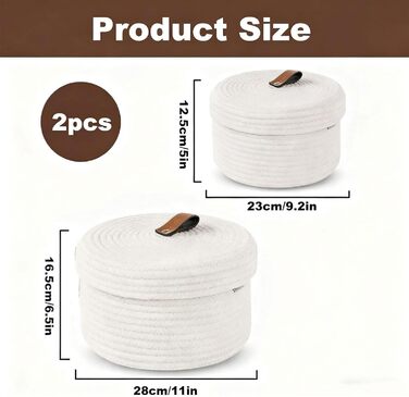 Кошики для зберігання з кришками, плетені кошики з бавовняних ниток з ручками, декоративні кошики, що миються, багатофункціональний органайзер для полиць, вітальня та ванна кімната (білий), 2