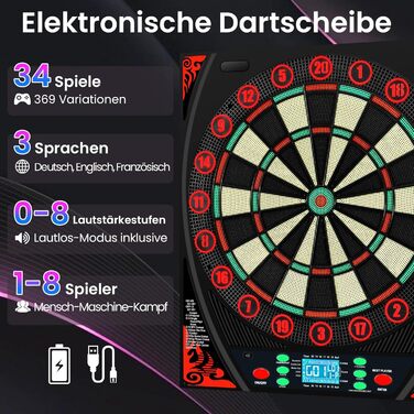 Електронна мішень для дартсу з німецьким голосом, підсвіченим кільцем з цифрами та РК-екраном, електронна мішень для дартсу з 34 іграми та 369 варіаціями, електронна мішень для дартсу для дорослих
