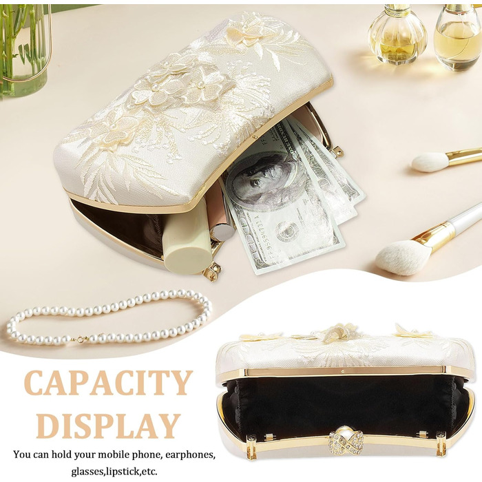 Жіноча сумочка з перлами та квітковою мереживною вишивкою, сатин, елегантна ручна сумочка з верхньою ручкою, зі знімним ланцюжком, для весілля, дівич-вечора, випускного, білого кольору