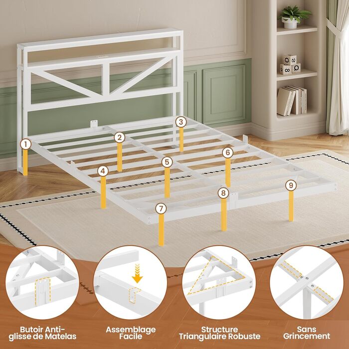 Плаваючий каркас ліжка 140x190 зі світлодіодним освітленням та зарядною станцією, Плаваючий каркас ліжка з узголів&39ям для зберігання, Металеве ліжко з металевою рейковою основою, Гостьове ліжко, Двоспальне ліжко, Дитяче ліжко - без матраца, 140 x 190 см