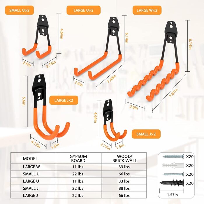 Настінні гачки для гаража та 2 кабельні стяжки, надміцні гачки для гаража, подвійні гачки для зберігання, тримач для інструментів, велосипеди, драбина, стілець великий помаранчевий, 10 шт.