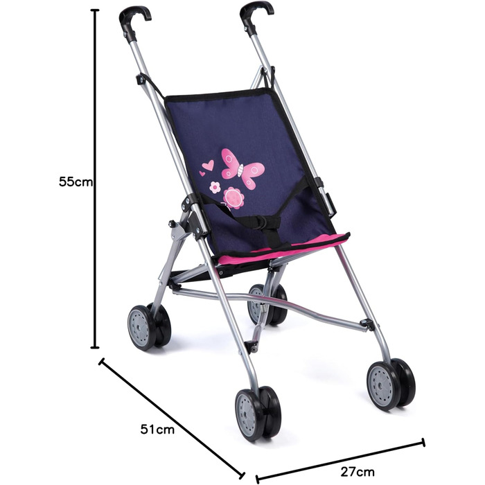 Коляска для ляльок, лялькова коляска, подвійні колеса, ремені безпеки, легко складається, виготовлена з металу, 30113AA