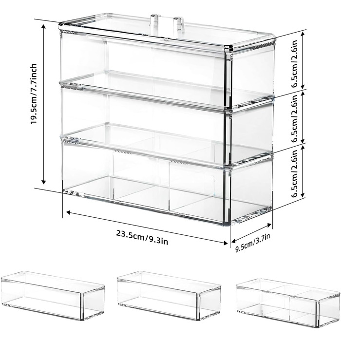 Рівневий органайзер для макіяжу, зберігання косметики з кришкою, контейнер для пензлів для макіяжу, органайзер для макіяжу для туалетного столика, ванна кімната, прозорий, 3-