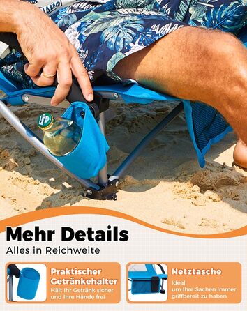 Низький складний пляжний стілець KingCamp, легкий, витримує до 180 кг, складний пляжний стілець із сітчастою спинкою, тримачем для напоїв та сітчастою кишенею, легкий складний кемпінговий стілець, складний стілець для пляжного кемпінгу Hr 2 шт., синє сітч