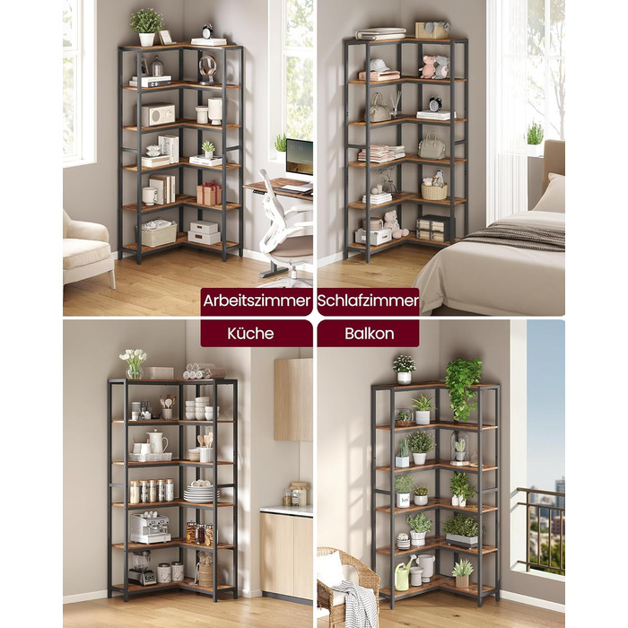 Ярусна книжкова полиця VASAGLE, кутова полиця, полиця для зберігання, 24 x 102 x 175,2 см, сучасна, для вітальні, спальні, офісу, вінтажний коричнево-чорний колір LLS606K01, 6-