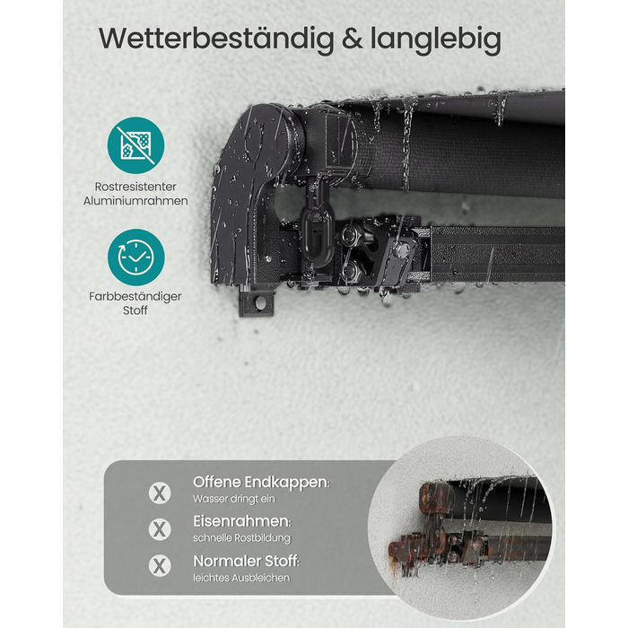 Складаний тент SONGMICS, тент з ручним приводом, сонцезахисний козирок для балкону, UPF 50, алюмінієвий сплав, регульований, 300 x 250 см, сірий GSA306GZ01 300 x 250 см сірий