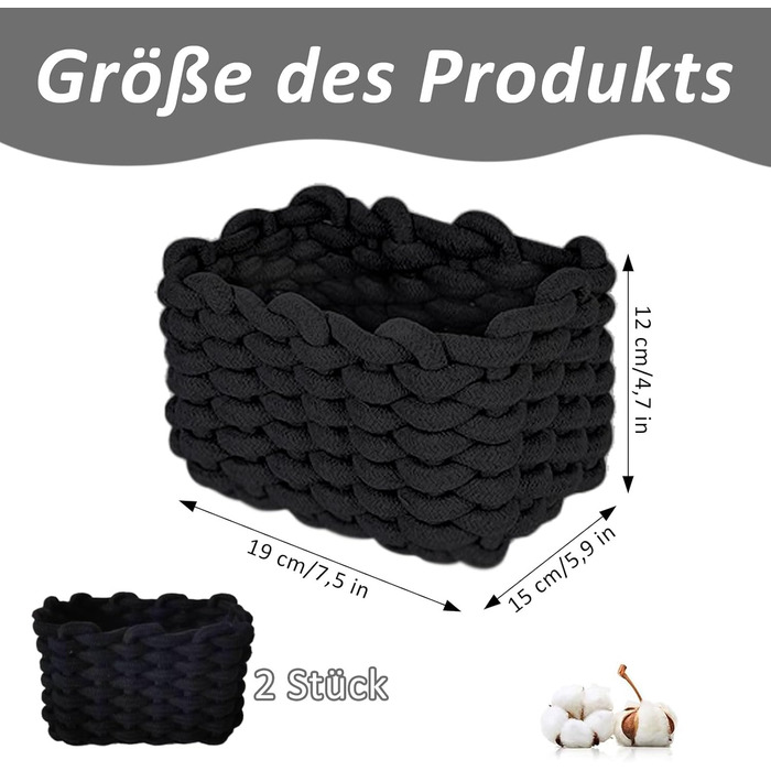 Кошик для зберігання, 2 шт., плетений бавовняний в&39язаний кошик, 19x15x12 см, плетений кошик для зберігання, плетена бавовняна мотузка, для спальні, коробки для зберігання у вітальні (чорні), чорні, 2 шт.