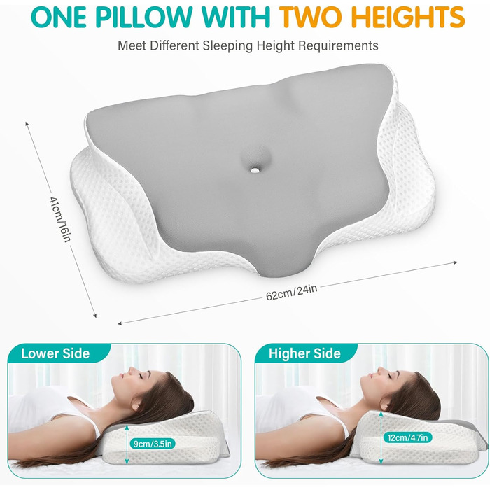 Подушка для шиї, подушка з піни з ефектом пам&39яті, подушка для шиї, подушка для голови, ергономічна подушка для сну на боці, на спині та на животі, 62x49/12 см, сірий/білий