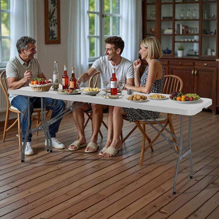 Розкладний фуршетний стіл VEVOR, портативний універсальний стіл, 244 см, прямокутний пластиковий стіл (для 6-8 осіб) з інтегрованою ручкою, садовий стіл, кемпінговий стіл для вечірок, пікніків, кемпінгу, білий