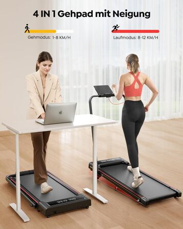 Домашня бігова доріжка з нахилом, біговий майданчик 4 в 1, складна бігова доріжка 12 км/год з нахилом, бігова доріжка 2,5 к.с. під стіл для дому та офісу, пульт дистанційного керування та додаток, кнопка вимкнення звуку