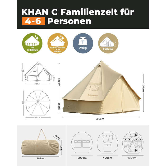 Намет для глемпінгу KingCamp, намет-дзвін для 6-12 осіб, 4-6,7 м, чиста бавовна/TC бавовна, водонепроникний, сімейний намет для відпочинку на природі з ПВХ-підкладкою, фестивальний намет для сімей та кемпінгових груп KHAN 4M T/C 210g Base Camp