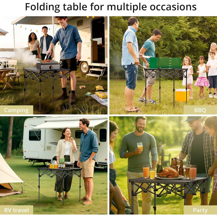 Стіл для кемпінгу Anbte, розкладний стіл 67x58 см (ДxШ), алюміній, стільниця, що згортається, з 2 рівнями висоти (44/70 см), X-подібна конструкція, вантажопідйомність до 150 кг, з сумкою для зберігання для пікніків, саду, балкону, 67 x 58 x 44/70 см
