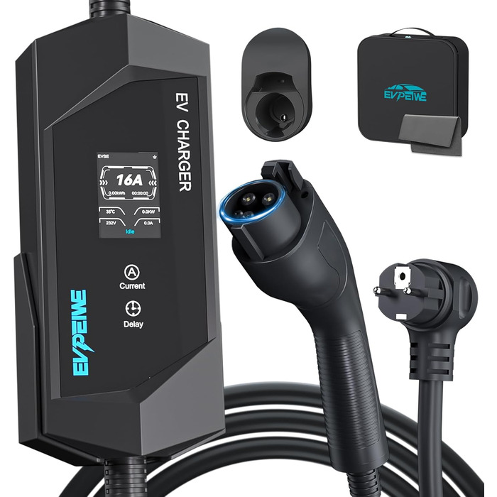 1 Charging Cable Schuko EV Charger 3.68KW, 1 Phase, 5M, Adjustable Current 6-16A Portable Home EVSE Charger for Electric Vehicle SAE J1772, EV Charging Station with Carrying Bag, IP65, 1 Charging Cable Schuko EV Charger 3.68KW, 1 Phase, 5M, Adjustable Cur