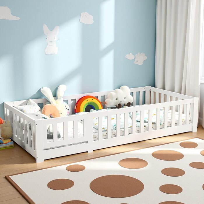 Підлогове ліжко 90x200 см дитяче ліжко із захистом від падіння та рейковою основою, дитяче ліжко Монтессорі, масив сосни, білий (Білий, 90 x 200 см) Білий 90 x 200 см