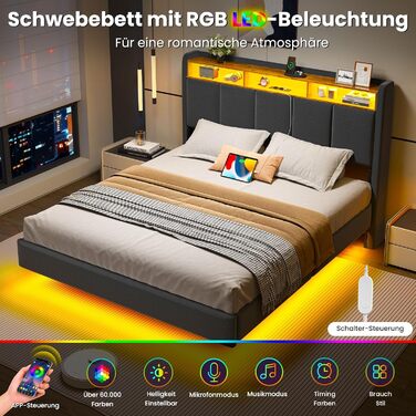 М&39яке ліжко 140x200 см, плаваюче ліжко зі світлодіодним освітленням, узголів&39ям та зарядною станцією (2 розетки змінного струму, 2 USB-порти), ліжко 140x200 з місцем для зберігання речей, сучасне двоспальне ліжко з рейковою основою, льон, сірий колір,