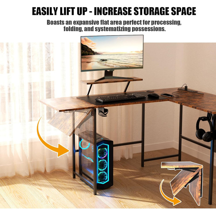 Ігровий стіл із розумним світлодіодним освітленням, L-подібний стіл із подовжувачем для домашнього офісу, кутовий стіл 120-150 см з розеткою, сумка для зберігання, підставка для монітора, вінтажний коричневий колір