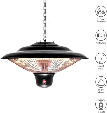 Стельовий радіаційний обігрівач TROTEC Design IR 1500 SC для патіо Інфрачервоний радіаційний обігрівач 3 режими нагріву 500 Вт / 1000 Вт / 1500 Вт Корисна площа 10 м Стельовий монтаж Енергоефективний