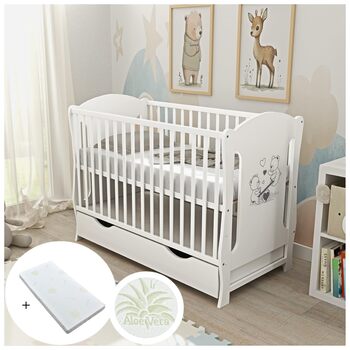 Дитяче ліжко Generic Baby Deluxe 60x120, що трансформується в дитяче ліжко білого кольору з шухлядою та матрацом з алое вера з регульованою висотою та знімними прутами (Lia White)