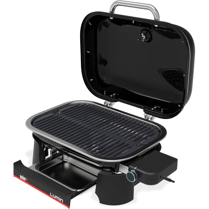 Компактний портативний електрогриль Weber Lumin Compact, до 315 C, з термометром на кришці, чавунними решітками з порцеляновим емалюванням, площа гриля 43 x 32 см, чорний (1502044), без підставки