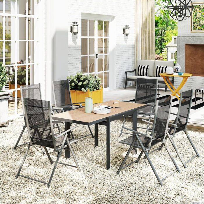 Розсувний садовий стіл Outsunny, алюміній, 80/160x80 см, водонепроникний, нековзний, фуршетний стіл, кемпінговий стіл на 6 осіб, стіл для патіо, обідній стіл на вулиці для саду, тераси, балкона, натуральне дерево