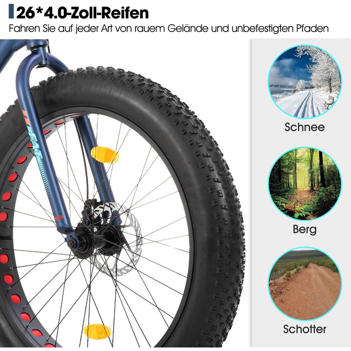 Гірський велосипед Hiland Fat Tire 24/26 дюймів з подвійними дисковими гальмами, 7-швидкісний гірський велосипед для хлопчиків та дівчаток, пляжний та сніговий велосипед, синій/зелений/білий/сріблясто-синій 26 дюймів