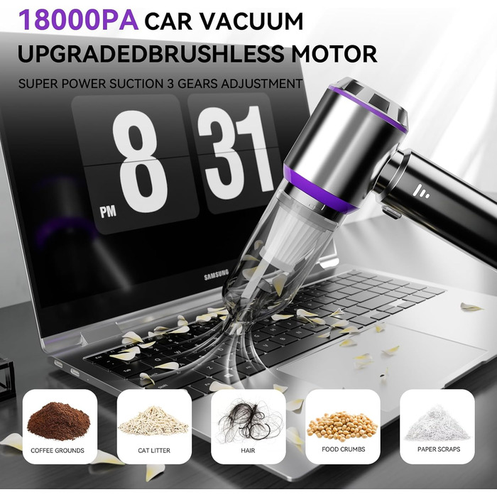 Ручний пилосос Tidy Cats, акумуляторний акумуляторний ручний пилосос на 18000 Па, 3-швидкісний автомобільний пилосос з миючим філь