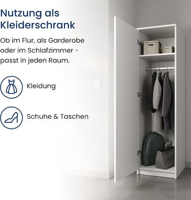 Домашня колекційна шафа, багатофункціональна шафа, біла, ширина 50 см, висота 180 см, з вішалкою для одягу та додатковим відділенням, органайзер для гардеробу з МДФ, 180 x 50 x 50 см (В x Ш x Г), білий