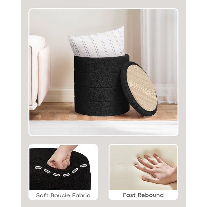 Табурет PINPLUS з місцем для зберігання, кругла коробка для зберігання з кришкою, складна підставка для ніг, м&39який табурет з місцем для зберігання Ø 37x45 см для вітальні, спальні та коридору, чорний 37Г x 37Ш x 45В см