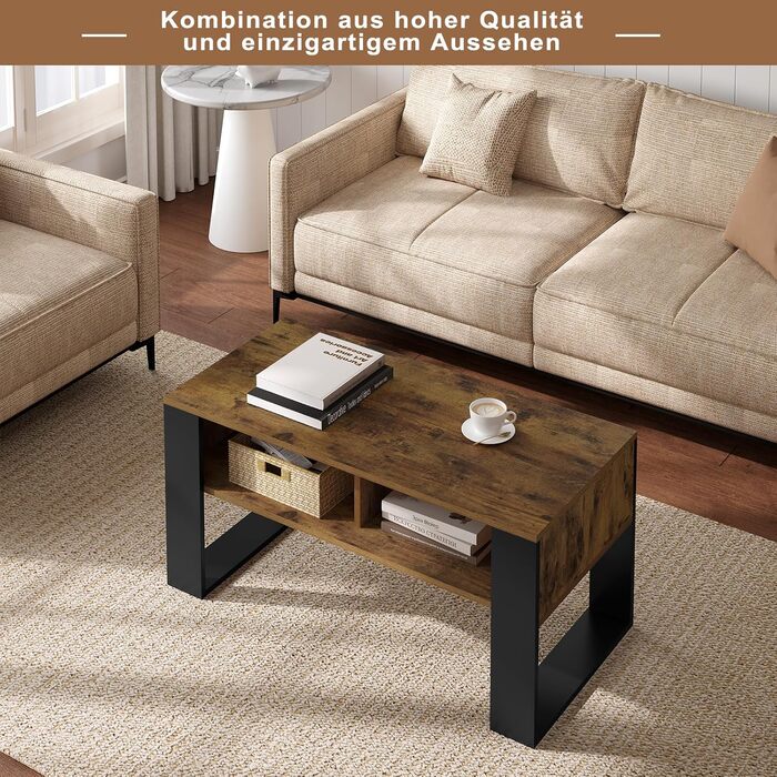 Журнальний столик WOLTU з місцем для зберігання, бічний столик для вітальні, сучасний стіл для вітальні, прямокутний журнальний столик, диван-столик, 2 відкриті відділення, вінтажний дерев&39яний вигляд чорного кольору, BTS16hov