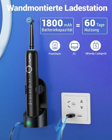 Обертова електрична зубна щітка для дорослих та дітей з 8 насадками, електрична зубна щітка з настінним тримачем та зарядною станцією, 5 режимів чищення та дорожній футляр, 60 днів роботи від акумулятора