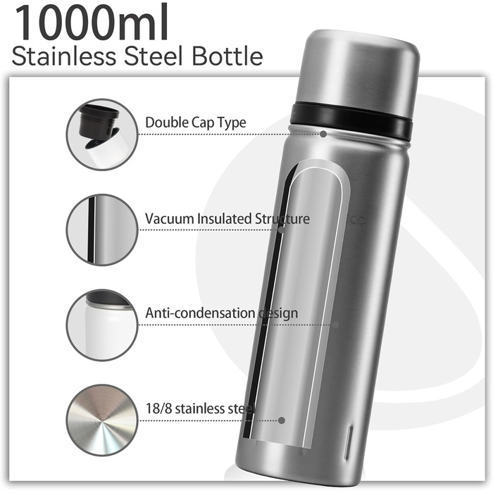 Термос SANTECO з нержавіючої сталі 1 л/1000 мл, герметична ізольована пляшка з чашкою для пиття в дорозі, термос для гарячих напоїв, кави та чаю, під час спорту, без BPA, зберігає напої холодними протягом 24 годин та гарячими протягом 12 годин, сріблястий