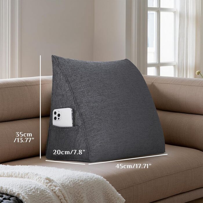 Трикутна клиноподібна подушка - Зручна лляна спинна подушка для читання або сидіння, універсальна опорна подушка для дивана, ліжка та відпочинку (Ma Grey, 45x20x35 см) Ma Grey 45x20x35 см