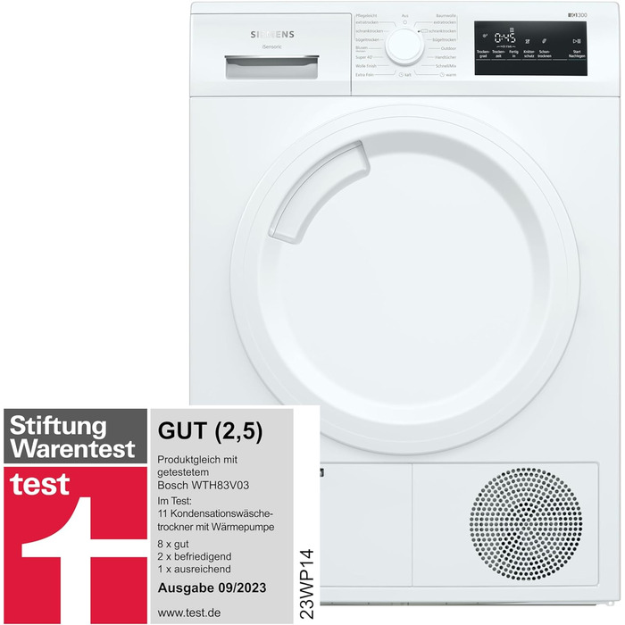 Сушильна машина з тепловим насосом Siemens WT47R440 іQ300, Single для 8 кг білизни енергоспоживання класу A, 176 кВтгод/рік, speedPack, autoDrу , білий