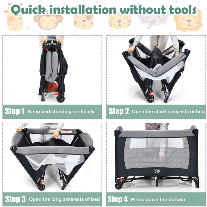 Дитяче ліжечко GOPLUS Baby Travel Cot, дитяче ліжечко з матрацом та тримачем для підгузків на колесах, дитяче ліжечко з боковим входом, сумка для перенесення, підставка для іграшок та музичний мобіль, 0-3 роки до 15 кг (чорне)