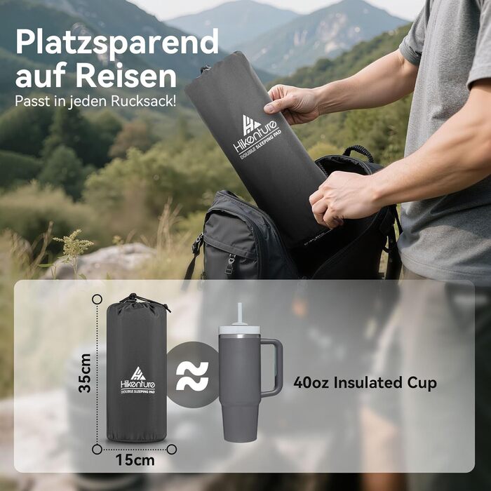 Подвійний килимок для сну HIKENTURE, надлегкий кемпінговий килимок для 2 осіб, надувний матрац, невеликий розмір упаковки з ножним насосом/мішком для насоса, для подорожей, активного відпочинку, походів, пляжу, темно-синій/сірий, 140x200 см, з мішком для 